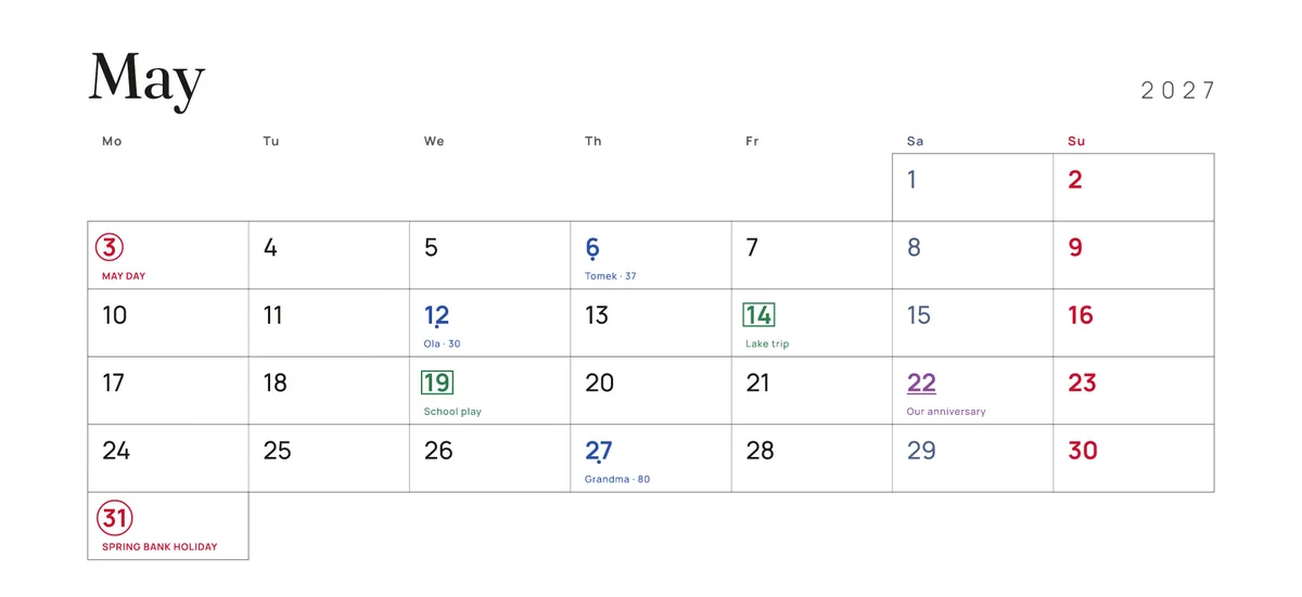 May 2027 in the Slim grid, with holidays, birthdays, trips and an anniversary each styled differently.