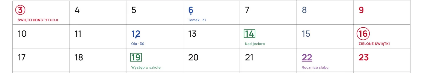 Trzy tygodnie maja z bliska: Święto Konstytucji i Zielone Świątki w czerwonych kółkach; Tomek · 37 i Ola · 30 z niebieską kropką; Nad jezioro i Występ w szkole w zielonych ramkach; Rocznica ślubu podkreślona na fioletowo.